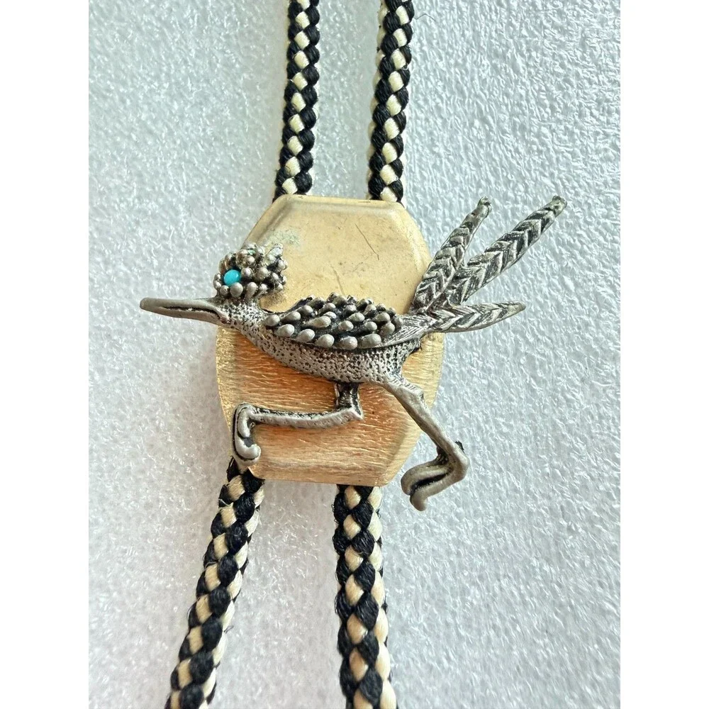 Vintage Southwestern Roadrunner Bolo Tie Turquoise Eye Black White Cord